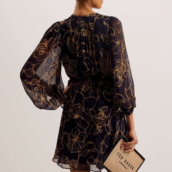 Ted Baker V Neck Printed Tie Front Mini Dress Navy - Size 1 - Picture 5 of 6